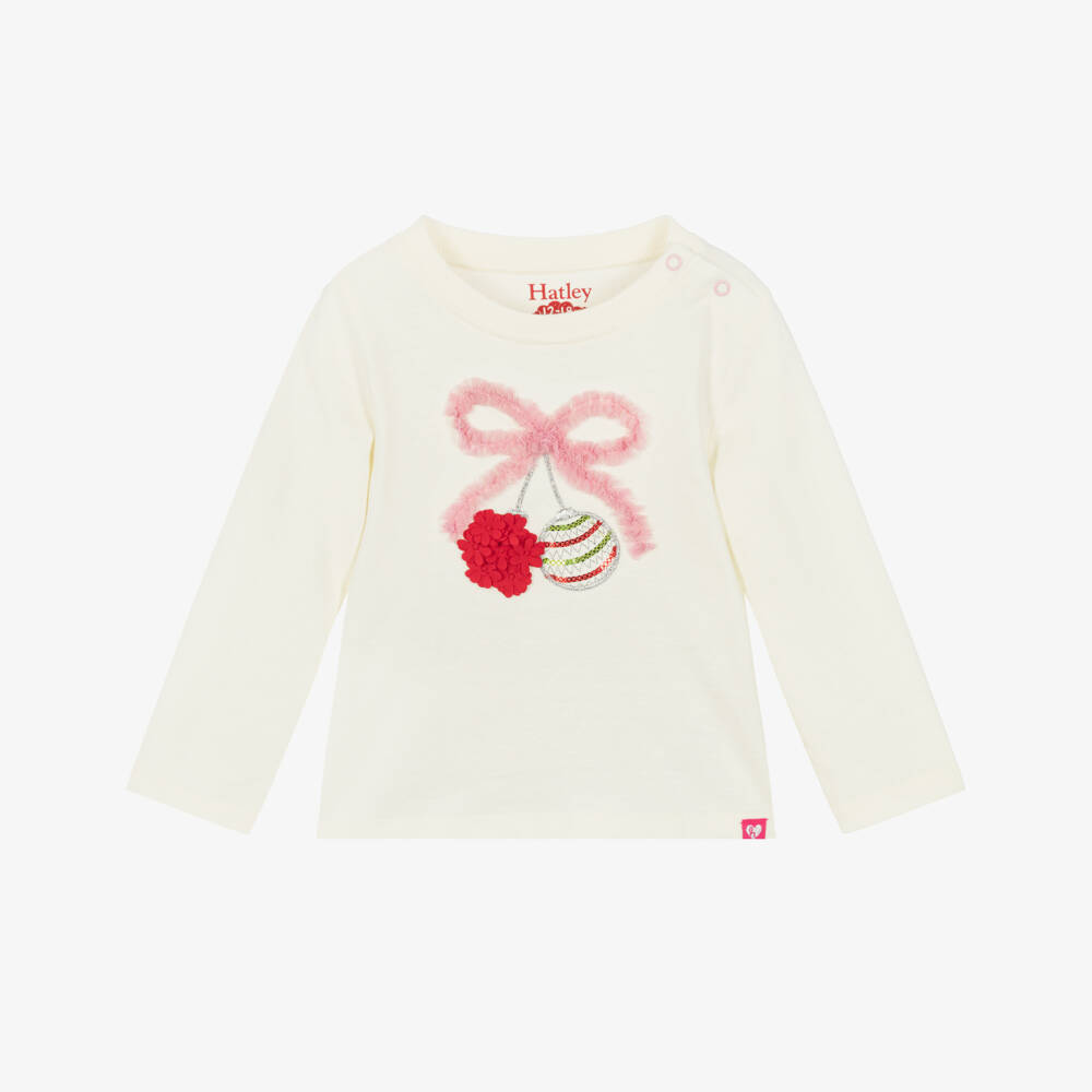 Hatley-Girls Ivory Cotton Festive Bauble Top | Childrensalon