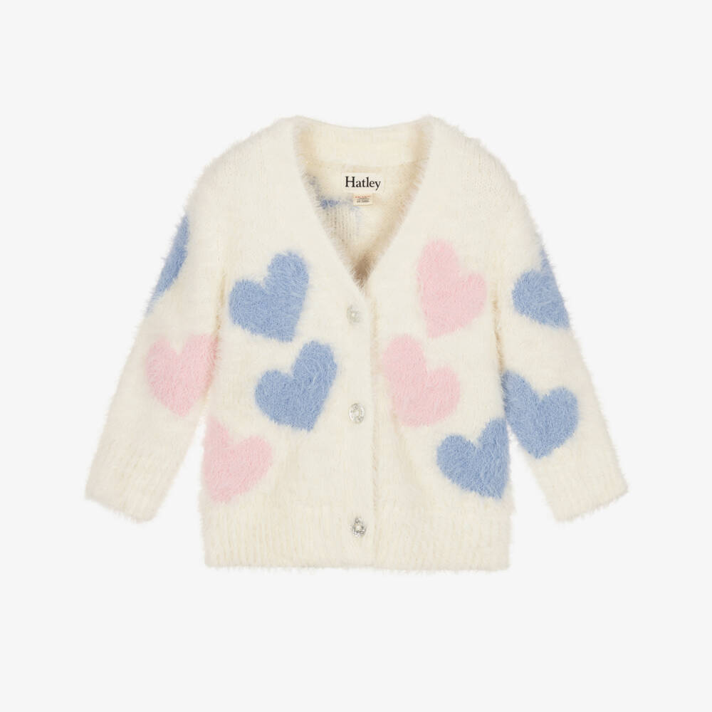 Hatley-Girls Ivory Fluffy Heart Pattern Cardigan | Childrensalon