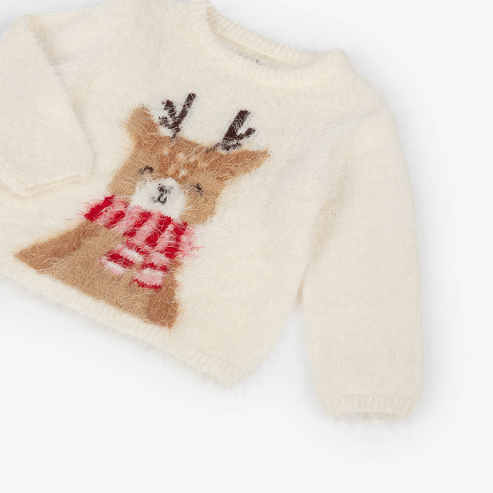 Hatley-Girls Ivory Fluffy Knit Reindeer Jumper | Childrensalon