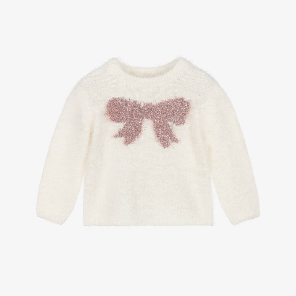 Hatley-Girls Ivory Fluffy Knit Sweater with Bow Motif | Childrensalon
