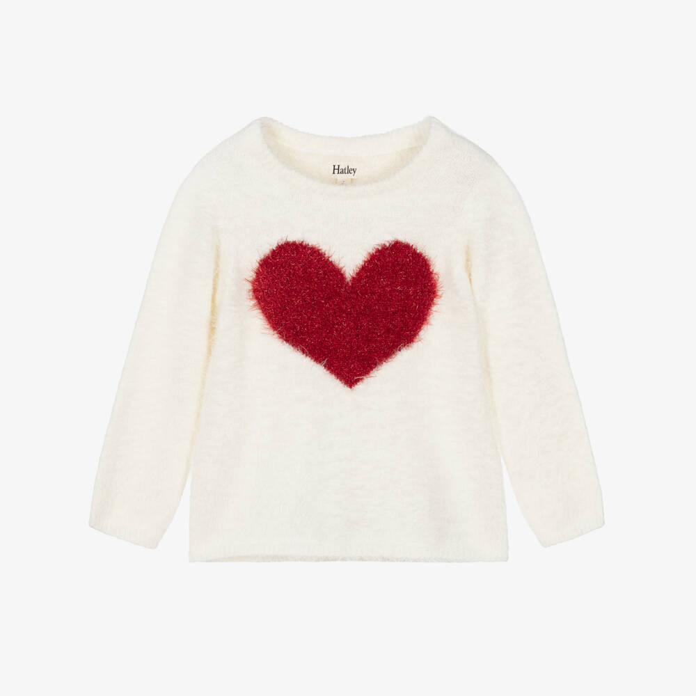 Hatley-Girls Ivory Fluffy Knit Sweater with Sparkly Red Heart | Childrensalon