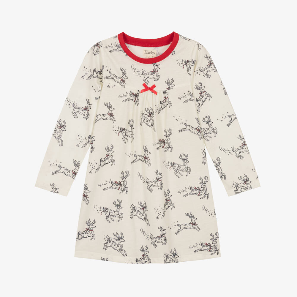 Hatley-Girls Ivory Jersey Reindeer Print Nightdress | Childrensalon
