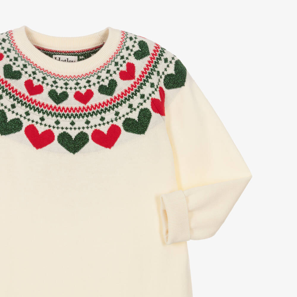 Hatley-Girls Ivory Knitted Dress with Fair Isle Heart Pattern | Childrensalon