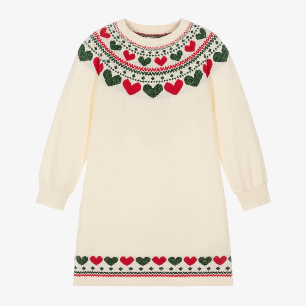 Hatley-Girls Ivory Knitted Dress with Fair Isle Heart Pattern | Childrensalon