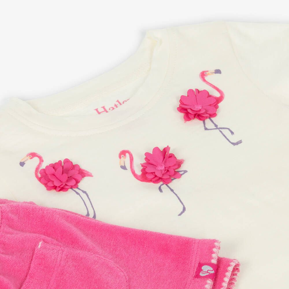 Hatley-Girls Ivory & Pink Flamingos Towelling Shorts Set | Childrensalon