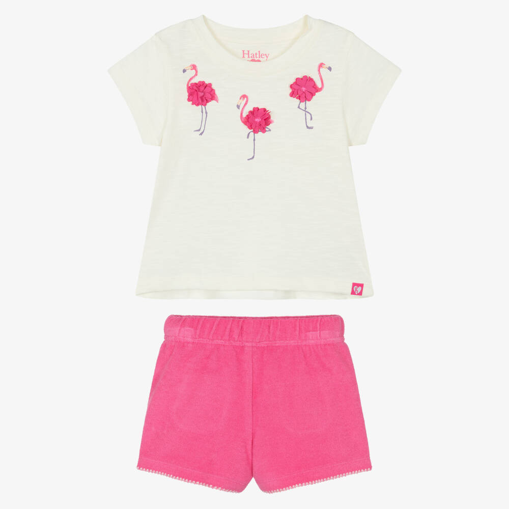 Hatley-Girls Ivory & Pink Flamingos Towelling Shorts Set | Childrensalon