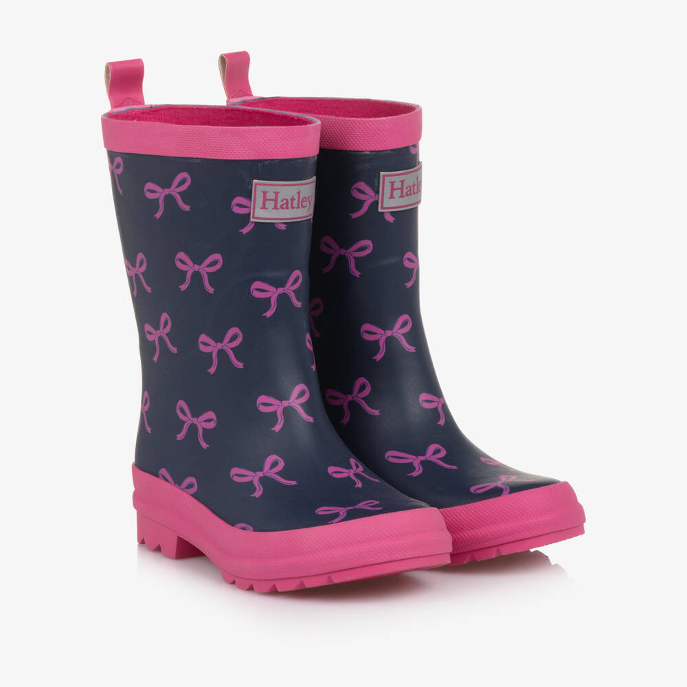 Hatley-Girls Navy Blue & Pink Bow Rain Boots | Childrensalon