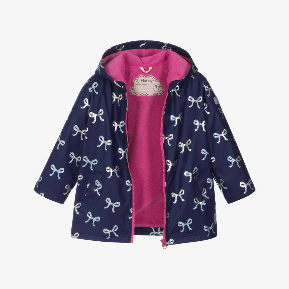 Hatley-Girls Navy Blue Raincoat with Foil Bows | Childrensalon