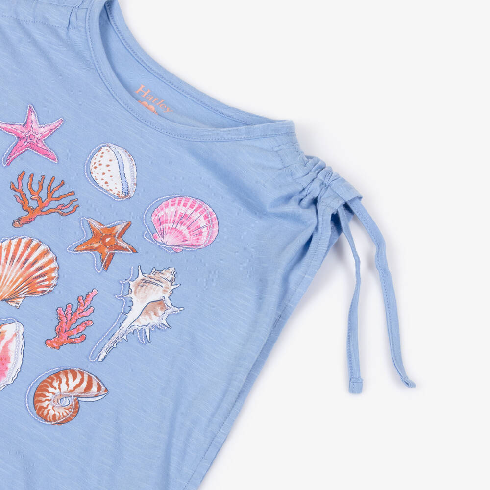 Hatley-Girls Pale Blue Cotton Sea Shells T-Shirt with Sequins | Childrensalon