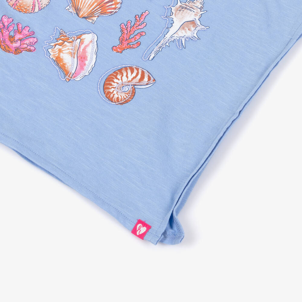 Hatley-Girls Pale Blue Cotton Sea Shells T-Shirt with Sequins | Childrensalon