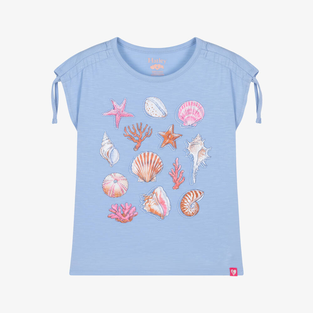 Hatley-Girls Pale Blue Cotton Sea Shells T-Shirt with Sequins | Childrensalon