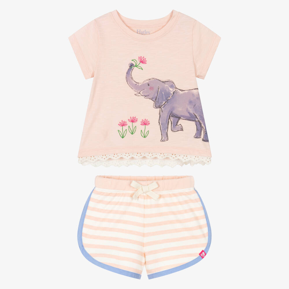 Hatley-Girls Pale Pink Cotton Elephant Shorts Set | Childrensalon