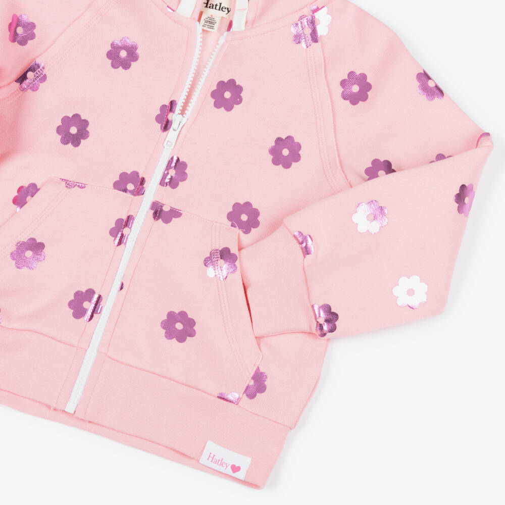 Hatley-Girls Pale Pink Cotton Hooded Zip-Up Top with Metallic Flowers | Childrensalon
