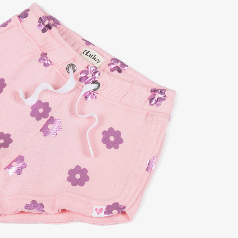 Hatley-Girls Pale Pink Cotton Jersey Shorts with Metallic Flowers | Childrensalon