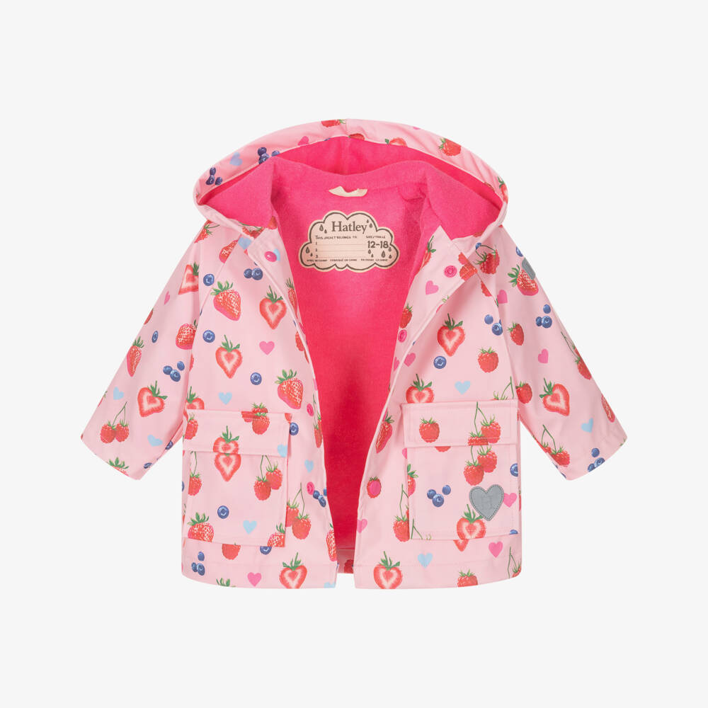 Hatley-Girls Pink Berries Hooded Raincoat | Childrensalon