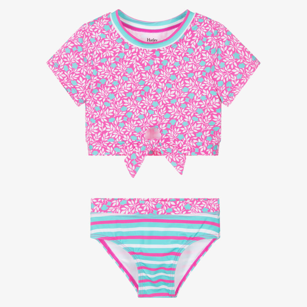 Hatley-Girls Pink & Blue Flowers Tankini with Sleeves (UPF50+) | Childrensalon