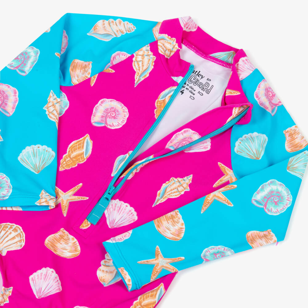 Hatley-Girls Pink & Blue Shells Long-Sleeved Swimsuit (UPF50+) | Childrensalon