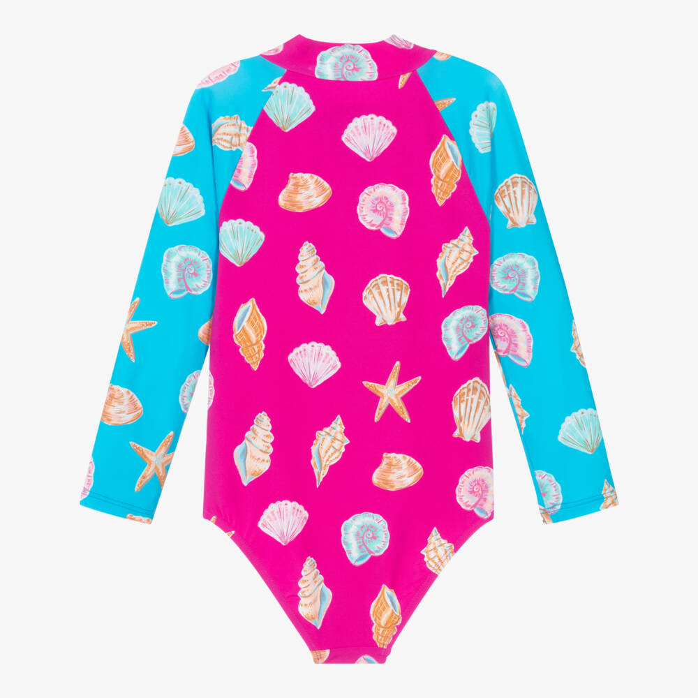 Hatley-Girls Pink & Blue Shells Long-Sleeved Swimsuit (UPF50+) | Childrensalon