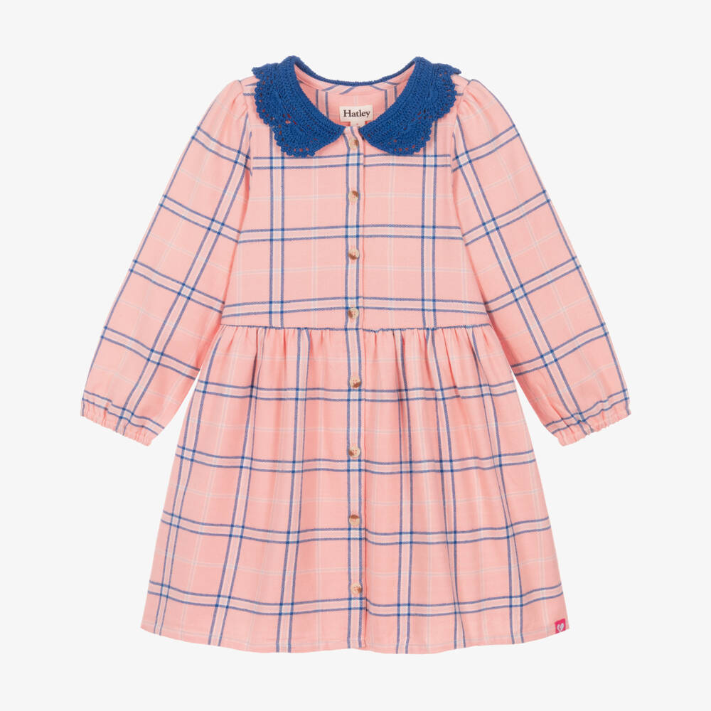 Hatley-Girls Pink Brushed Cotton Dress with Crochet Collar | Childrensalon