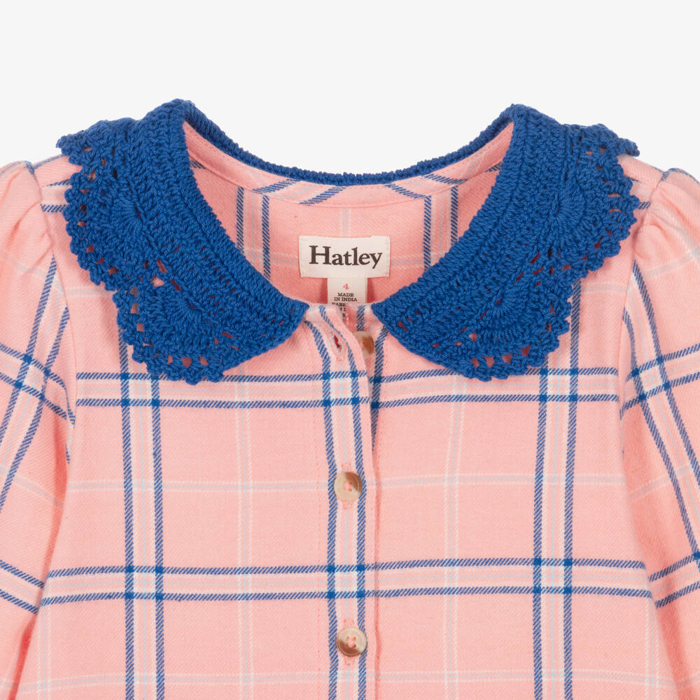 Hatley-Girls Pink Brushed Cotton Dress with Crochet Collar | Childrensalon