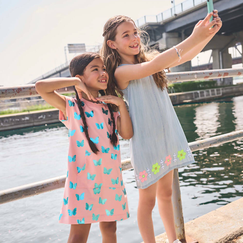 Hatley-Girls Pink Cotton Dress with Shiny Blue Butterfly Print | Childrensalon