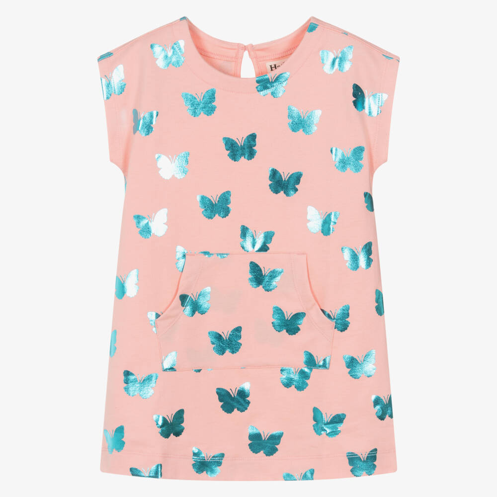 Hatley-Girls Pink Cotton Dress with Shiny Blue Butterfly Print | Childrensalon