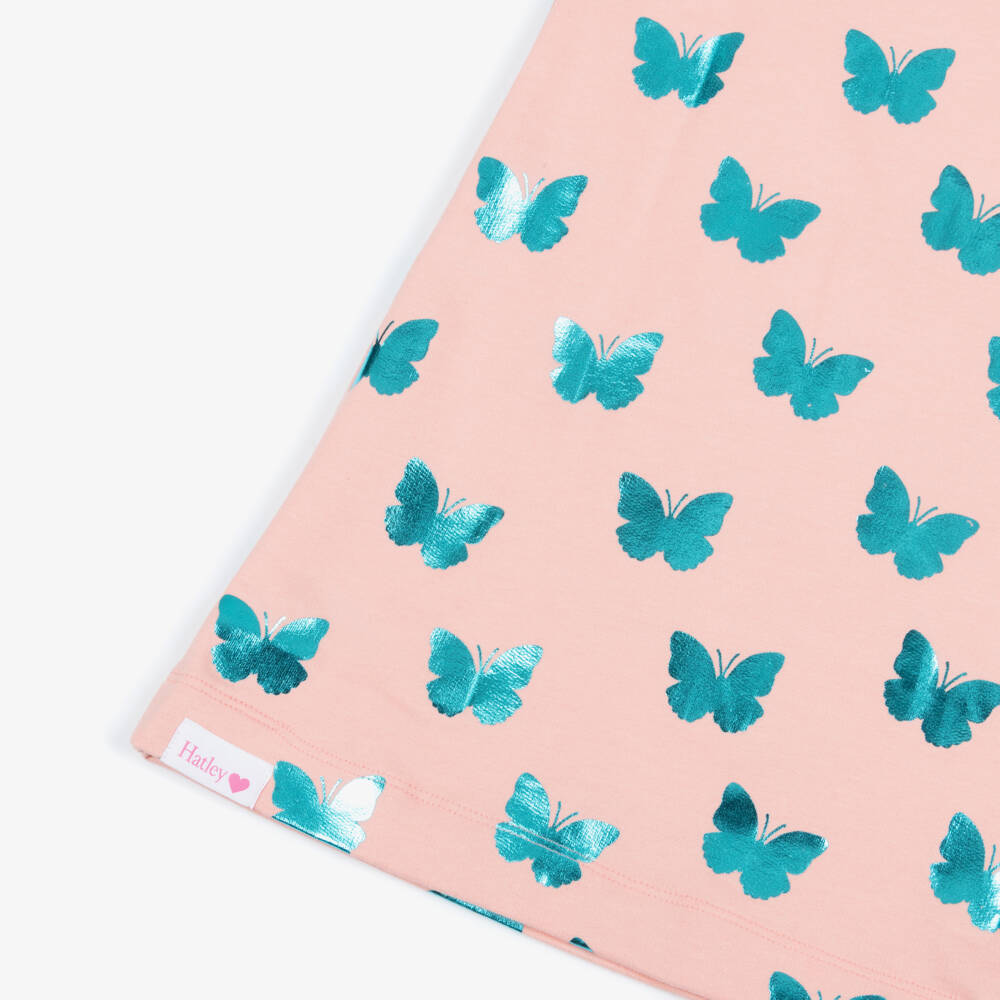 Hatley-Girls Pink Cotton Dress with Shiny Blue Butterfly Print | Childrensalon