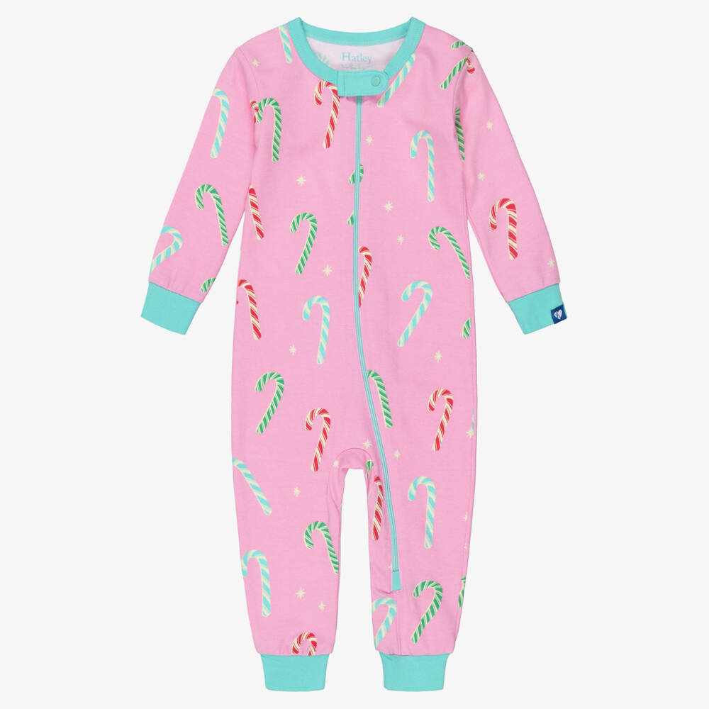 Hatley-Girls Pink Cotton Jersey Candy Cane Babysuit | Childrensalon