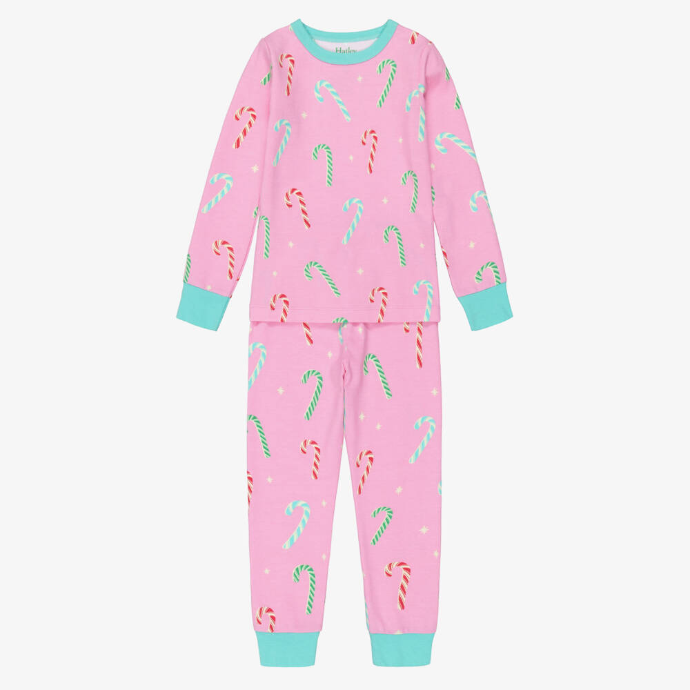 Hatley-Girls Pink Cotton Jersey Candy Cane Glow-in-the-Dark Pyjamas | Childrensalon