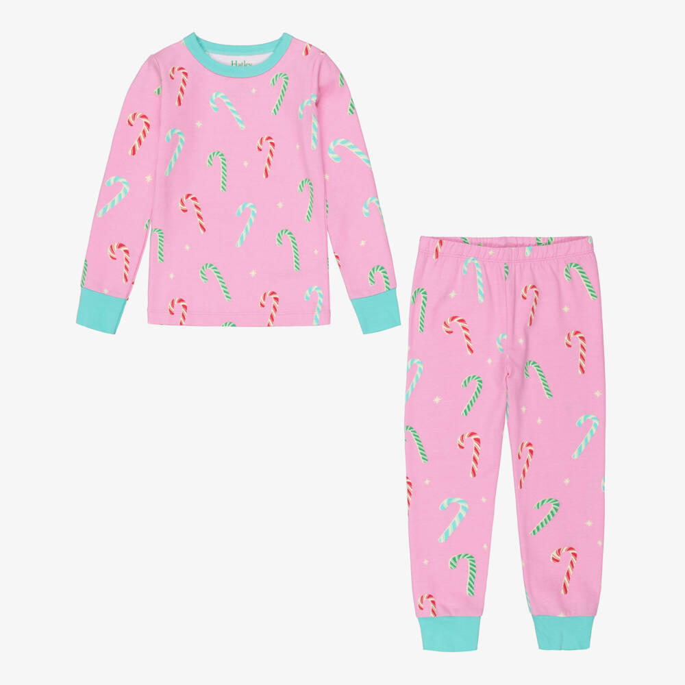 Hatley-Girls Pink Cotton Jersey Candy Cane Glow-in-the-Dark Pyjamas | Childrensalon