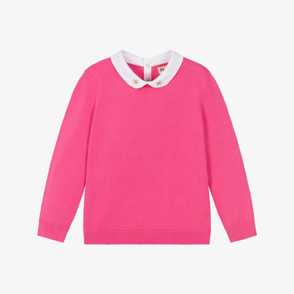 Hatley-Girls Pink Cotton Knit Sweater with Contrasting Collar | Childrensalon