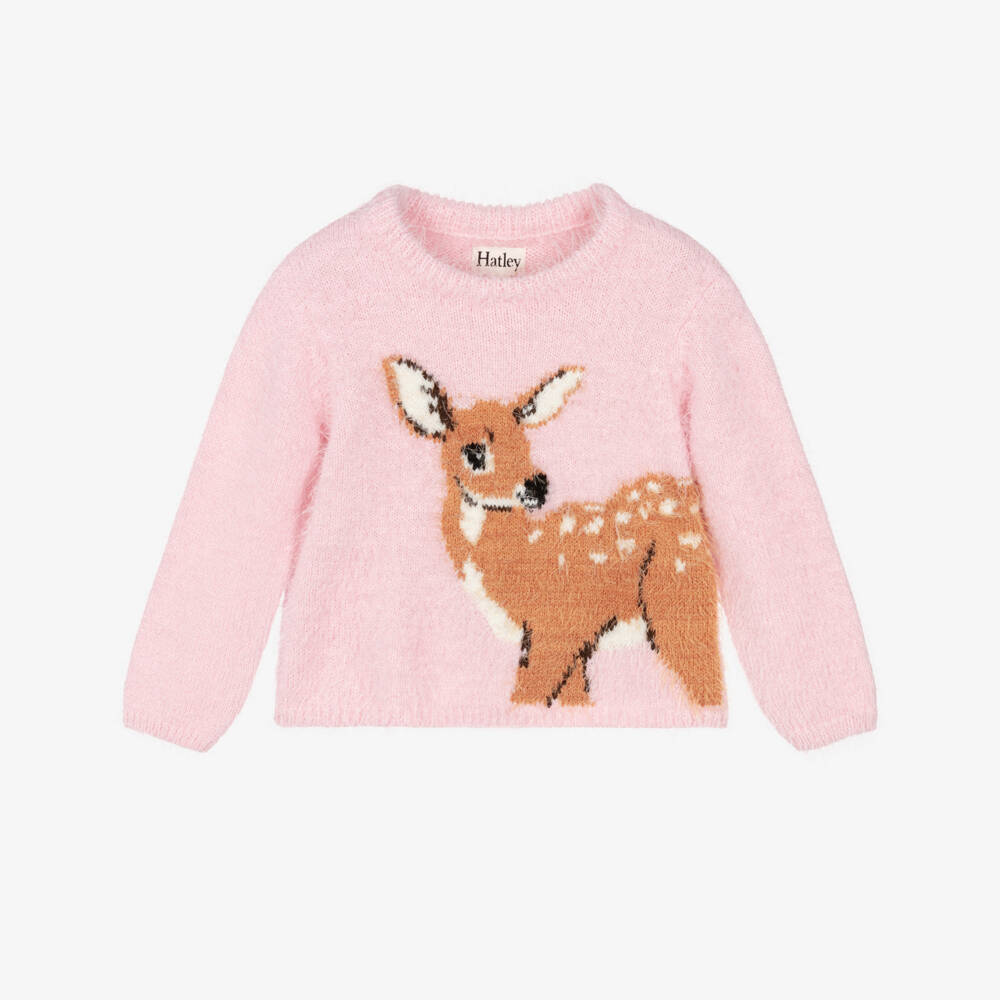 Hatley-Girls Pink Fluffy Knit Deer Sweater | Childrensalon