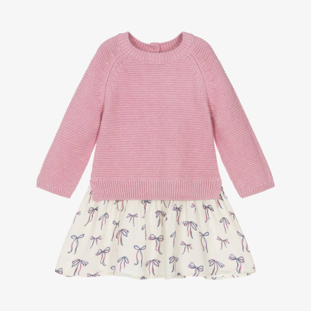 Hatley-Girls Pink & Ivory Cotton Knit Bow Dress | Childrensalon