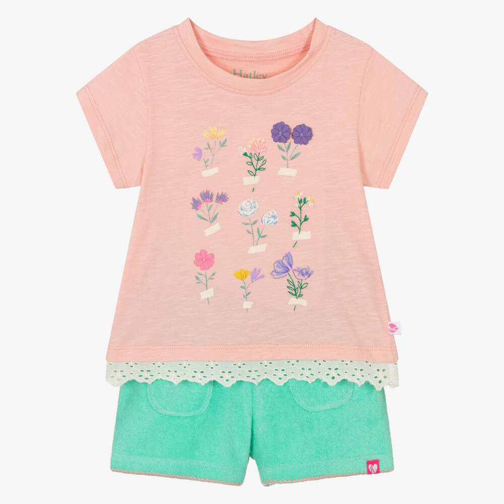 Hatley-Girls Pink Jersey Top & Green Towelling Shorts Set | Childrensalon