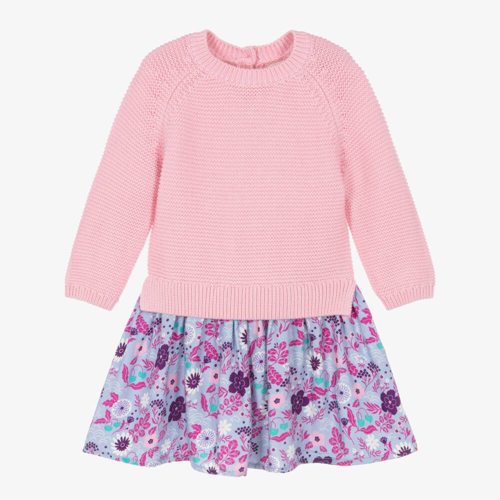 Hatley-Girls Pink Knitted Dress with Floral Skirt | Childrensalon
