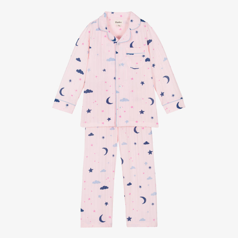 Hatley-Girls Pink Ribbed Jersey Night Sky Print Pyjamas | Childrensalon