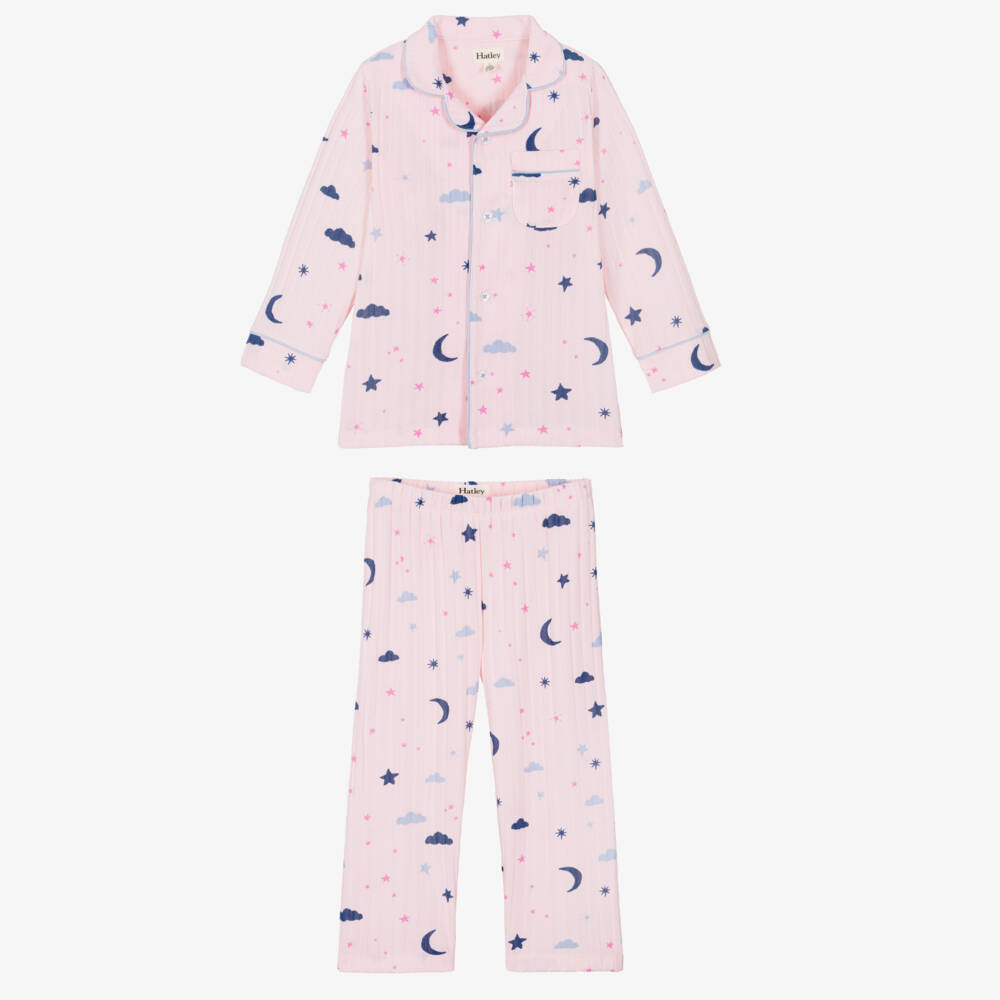 Hatley-Girls Pink Ribbed Jersey Night Sky Print Pyjamas | Childrensalon