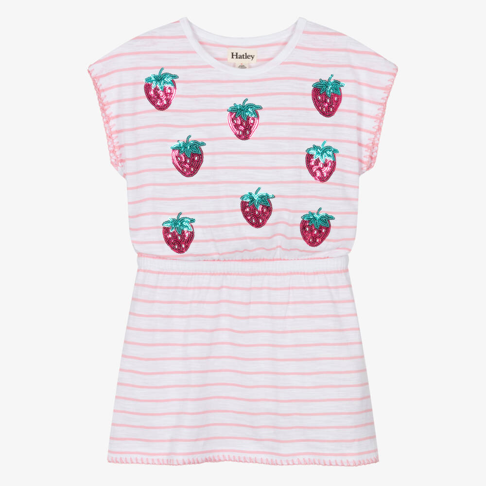 Hatley-Girls Pink Striped Cotton Dress with Sequin Strawberries | Childrensalon