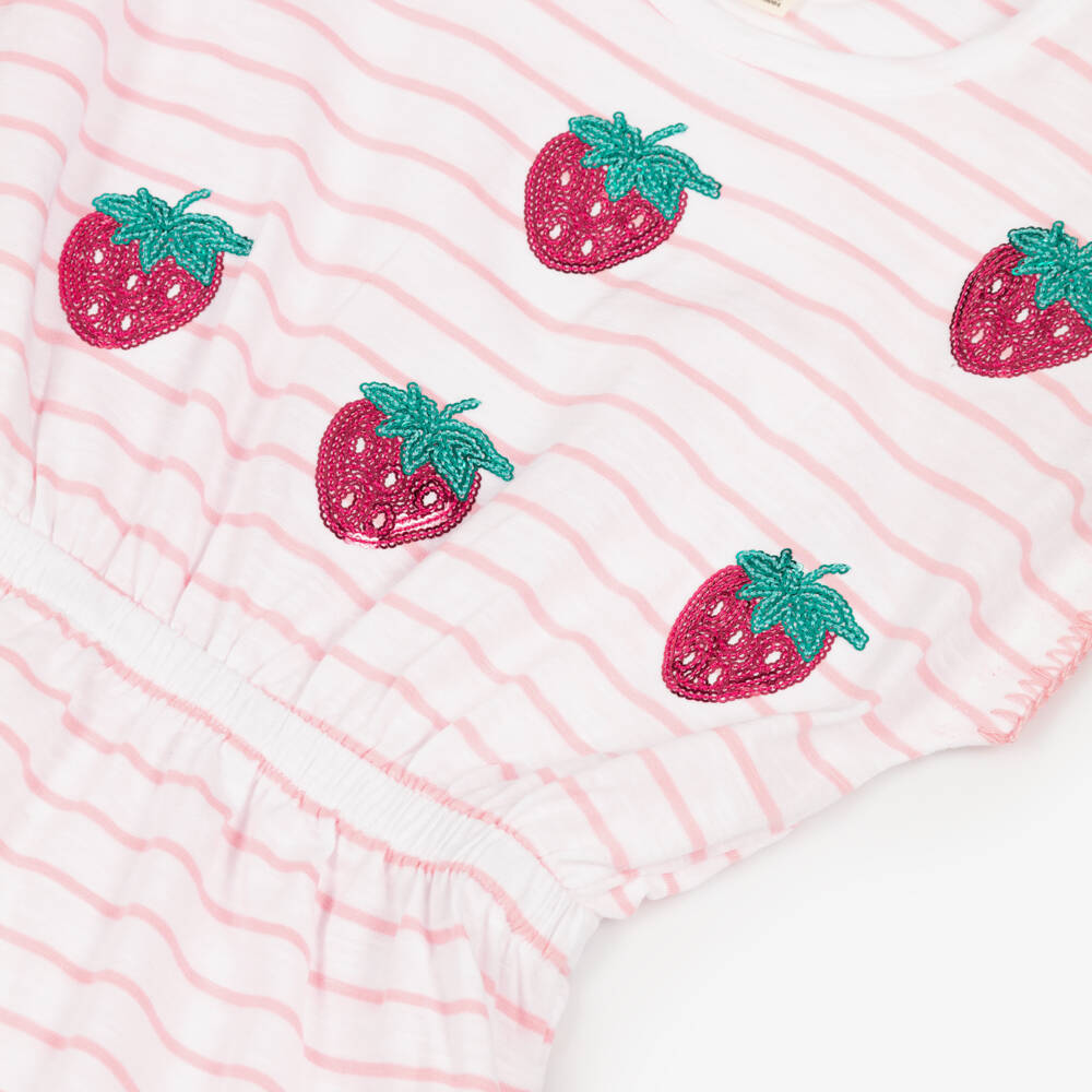 Hatley-Girls Pink Striped Cotton Dress with Sequin Strawberries | Childrensalon