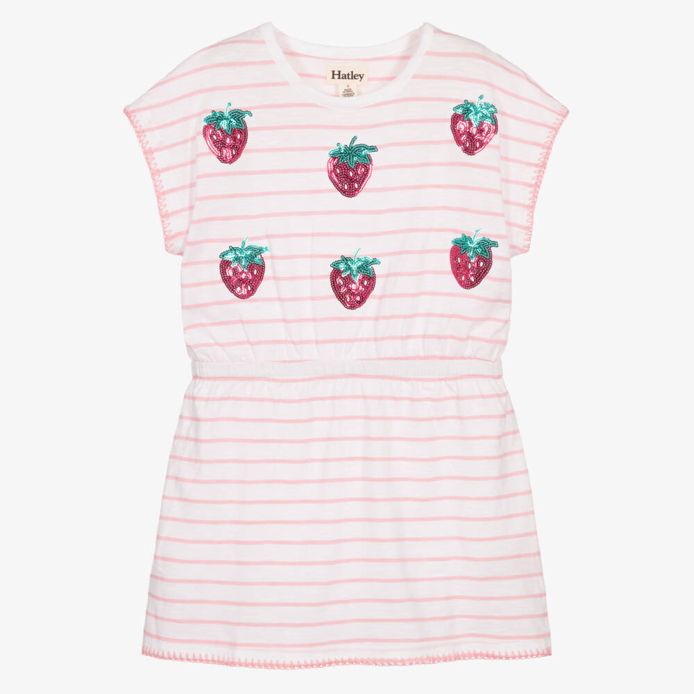 Hatley-Girls Pink Striped Cotton Dress with Sequin Strawberries | Childrensalon