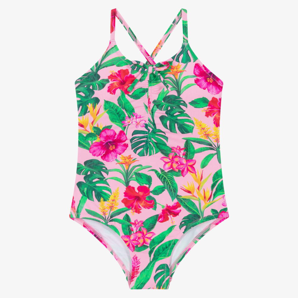 Hatley-Girls Pink Tropical Flowers Swimsuit (UPF50+) | Childrensalon