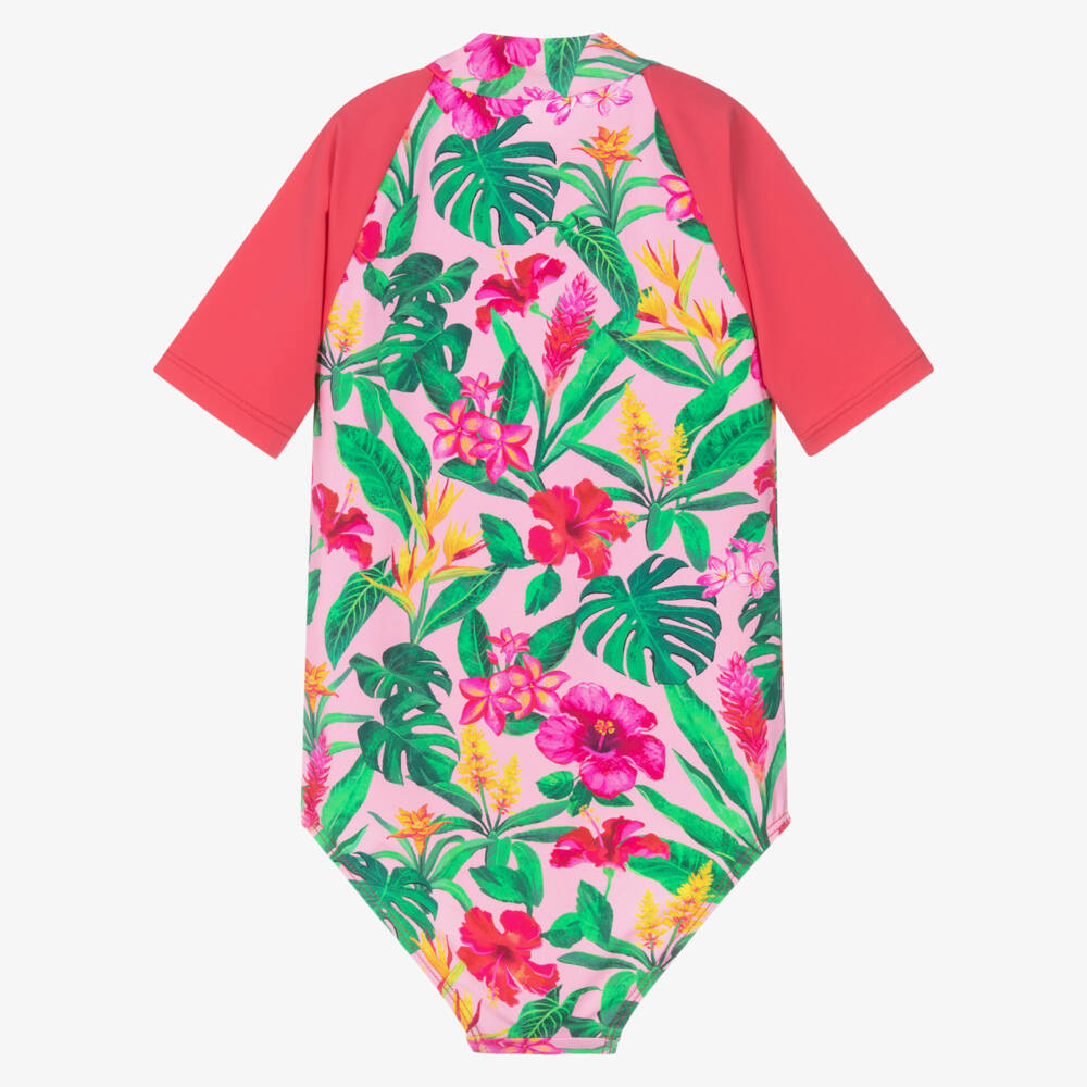 Hatley-Girls Pink Tropical Flowers Swimsuit with Short Sleeves (UPF50+) | Childrensalon