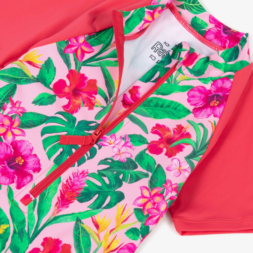 Hatley-Girls Pink Tropical Flowers Swimsuit with Zip (UPF50+) | Childrensalon