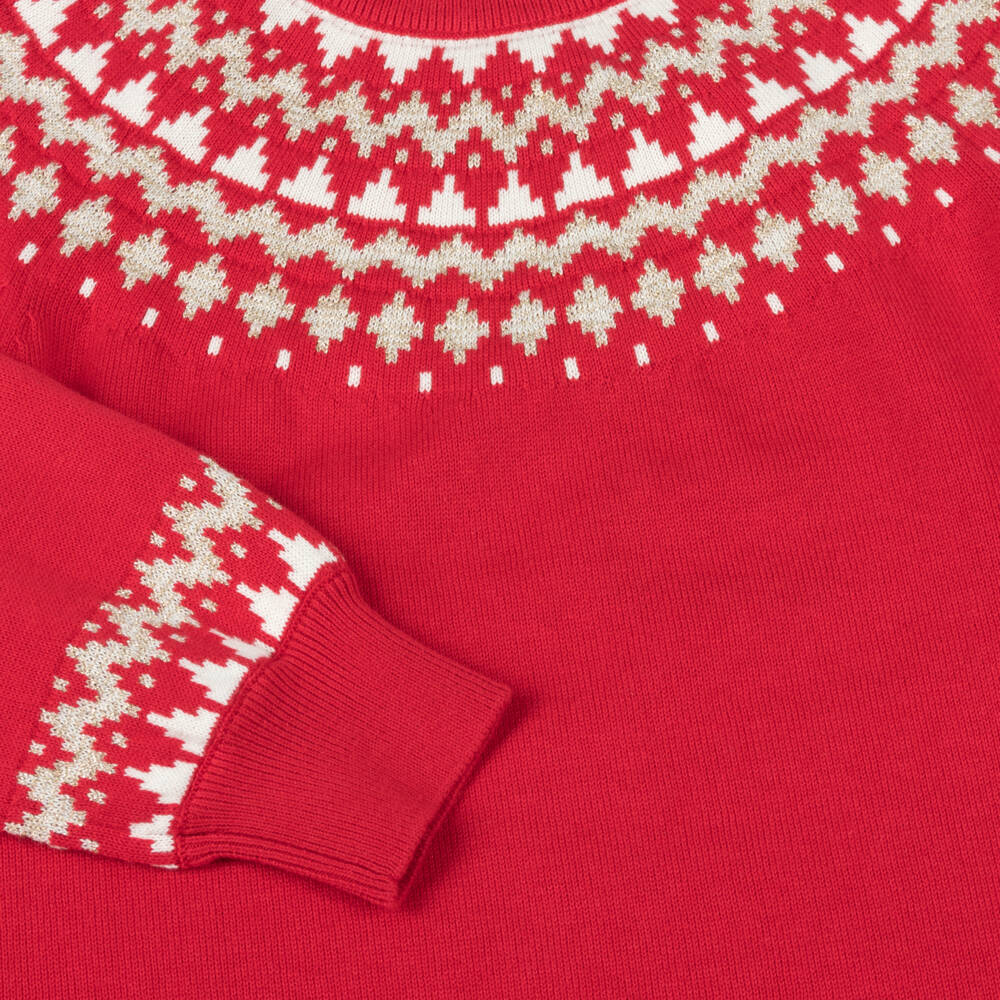 Hatley-Girls Red Festive Fair Isle Cotton Knit Jumper Dress | Childrensalon
