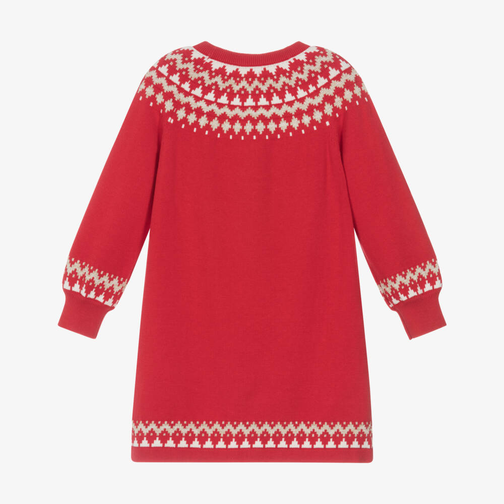 Hatley-Girls Red Festive Fair Isle Cotton Knit Jumper Dress | Childrensalon