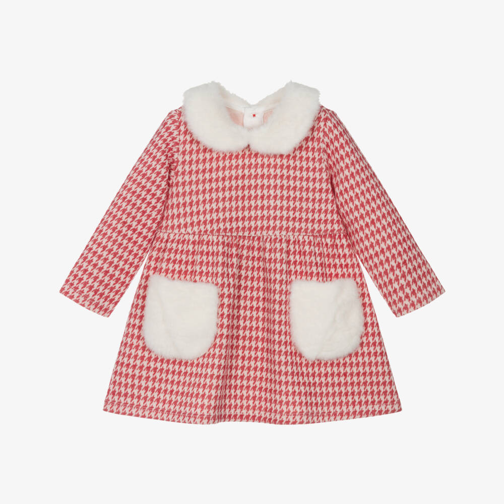 Hatley-Girls Red & Ivory Houndstooth Dress with Faux Fur Trim | Childrensalon