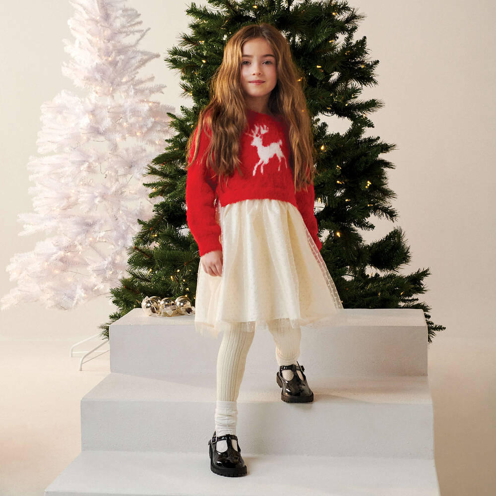 Hatley-Girls Red & Ivory Reindeer Dress | Childrensalon