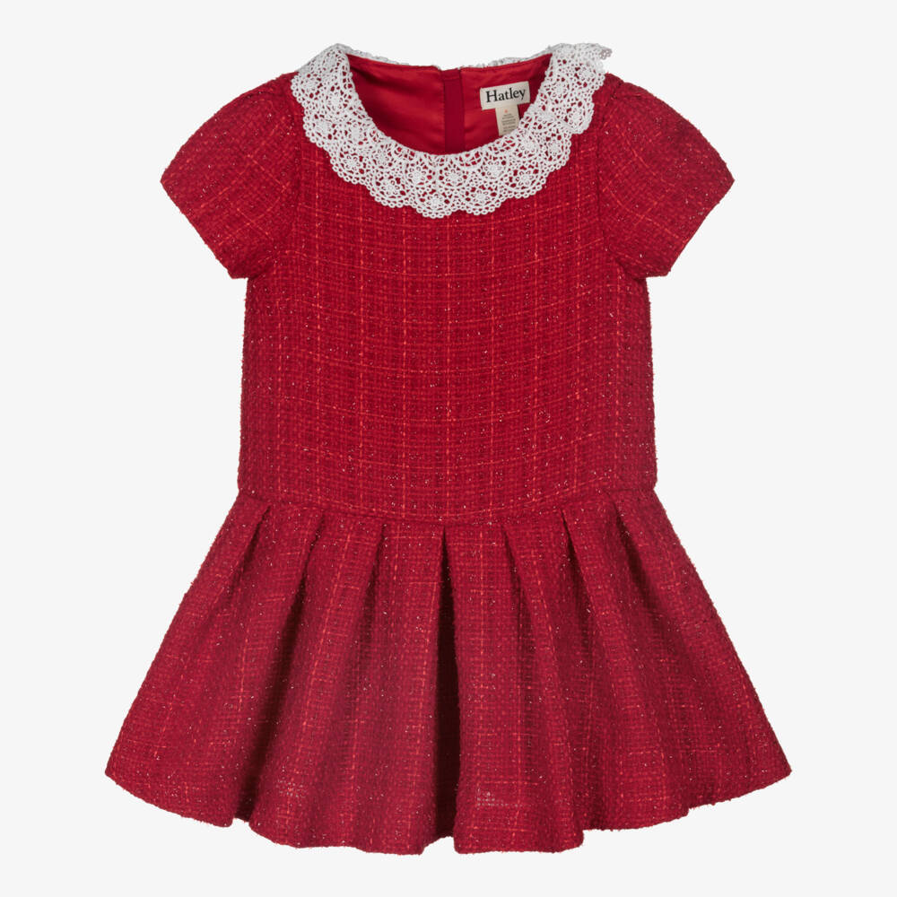 Hatley-Girls Red Sparkle Tweed Dress with White Lace Collar | Childrensalon