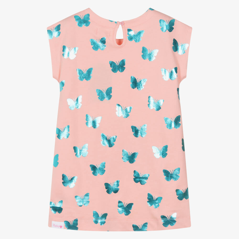 Hatley-Girls Salmon Pink Cotton Dress with Aqua Blue Foil Butterflies | Childrensalon
