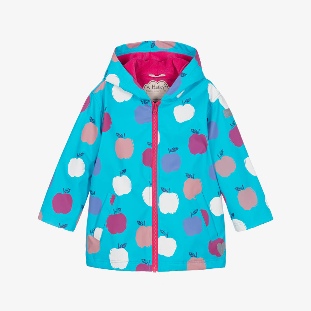 Hatley-Girls Turquoise Blue Colour Changing Apple Print Raincoat | Childrensalon